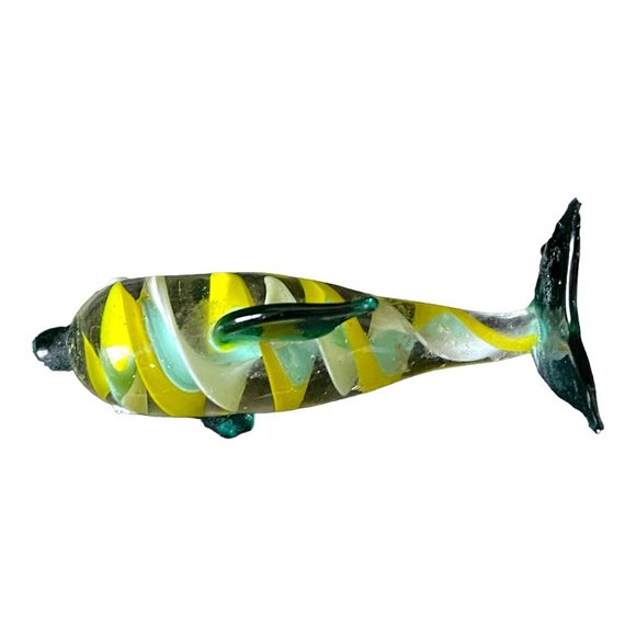 Art Glass Dolphin Paperweight Figurine green/yellow Swirl Stripe Hand Blown - Picture 7 of 7
